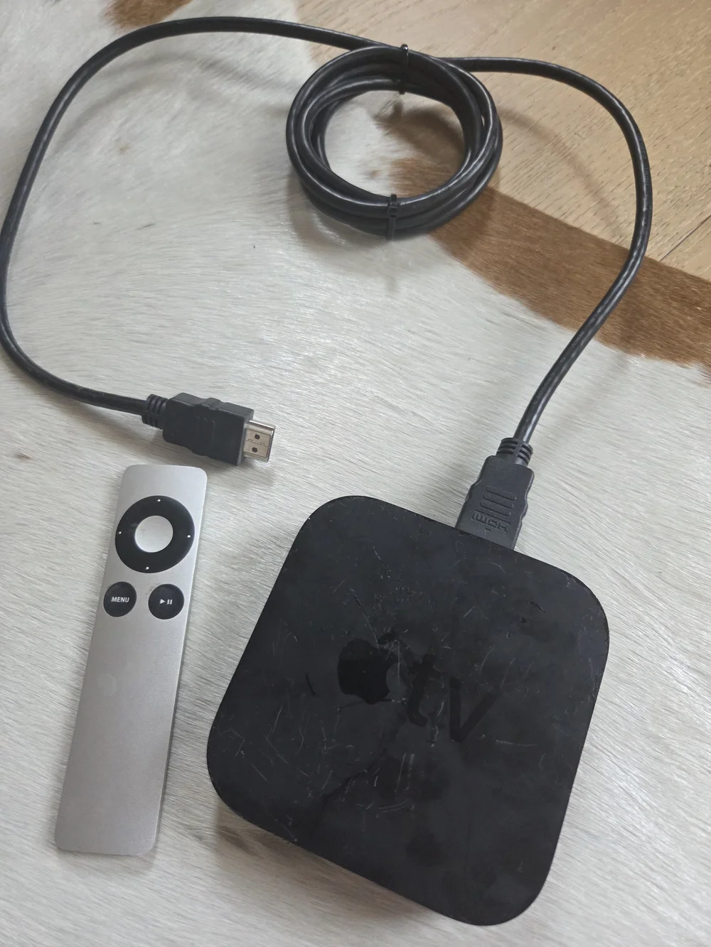 Apple TV Box with Silver Remote. A1378. Includes HDMI Cord.